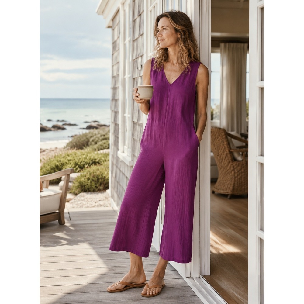 NEW J. Jill DOUBLE V-NECK Women XL PETITE MULBERRY Jumpsuit CROP WIDE LEG